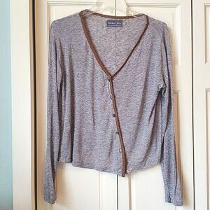 Michael Stars Gray Long Sleeve Button Down Shirt with Brown Trim